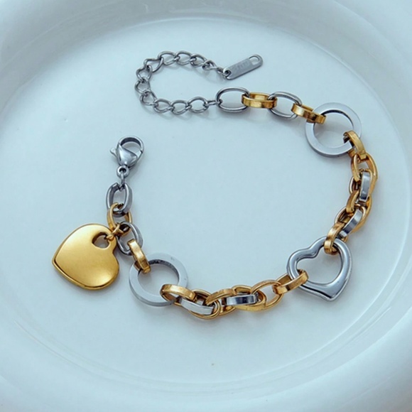 Luxe Gold Silver Tone Titanium Steel Chunky Heart Statement Bracelet - Picture 4 of 5
